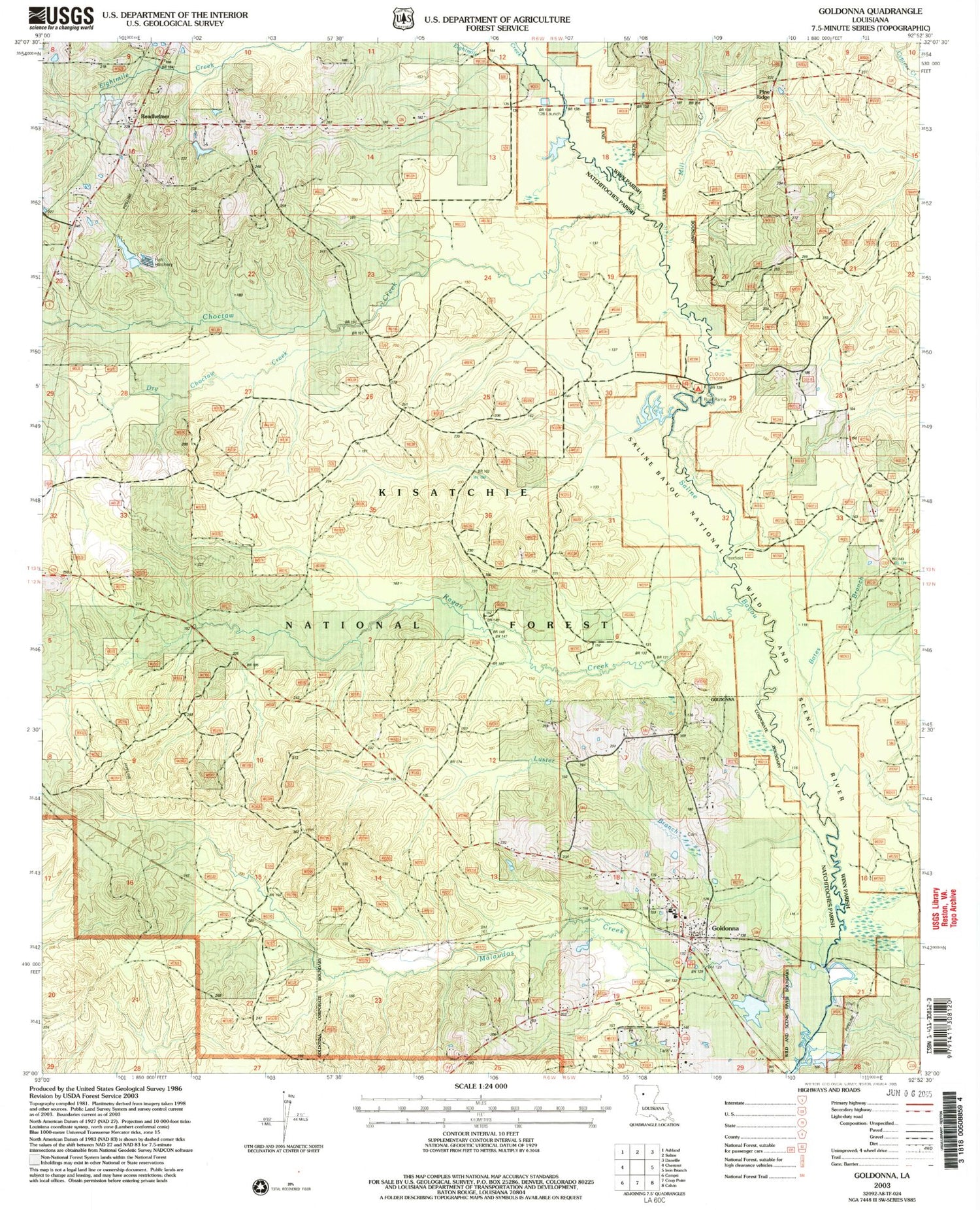 Classic USGS Goldonna Louisiana 7.5'x7.5' Topo Map Image