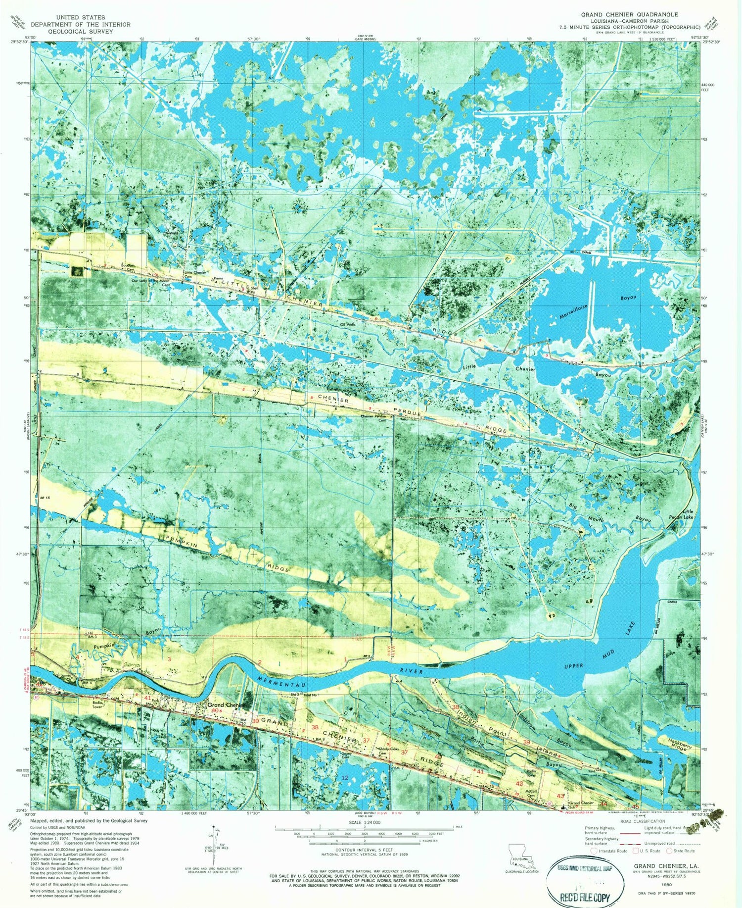 Classic USGS Grand Chenier Louisiana 7.5'x7.5' Topo Map Image