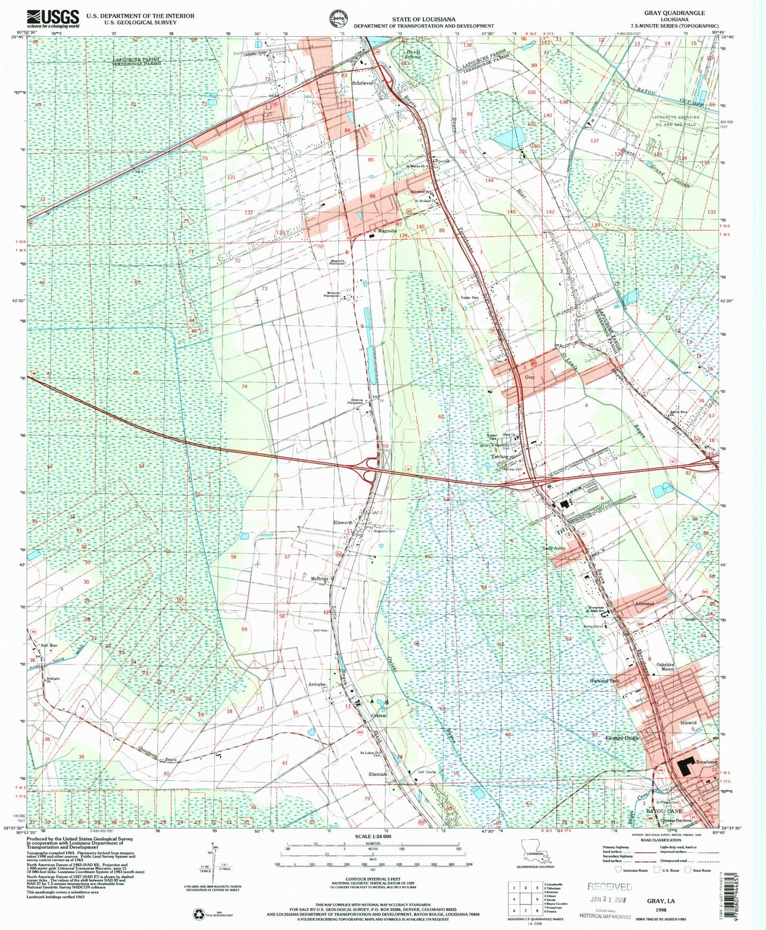 Classic USGS Gray Louisiana 7.5'x7.5' Topo Map Image