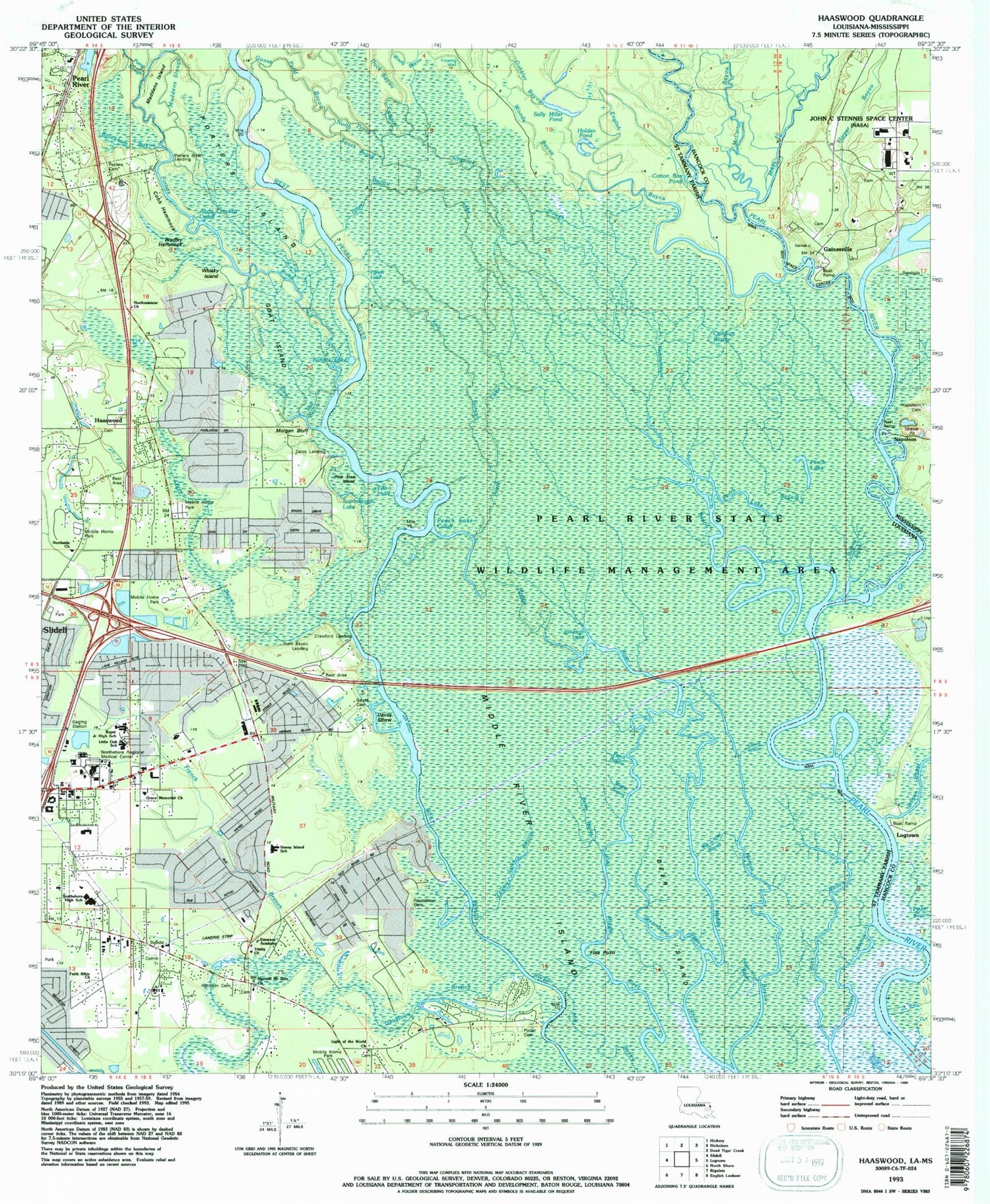 Classic USGS Haaswood Louisiana 7.5'x7.5' Topo Map Image