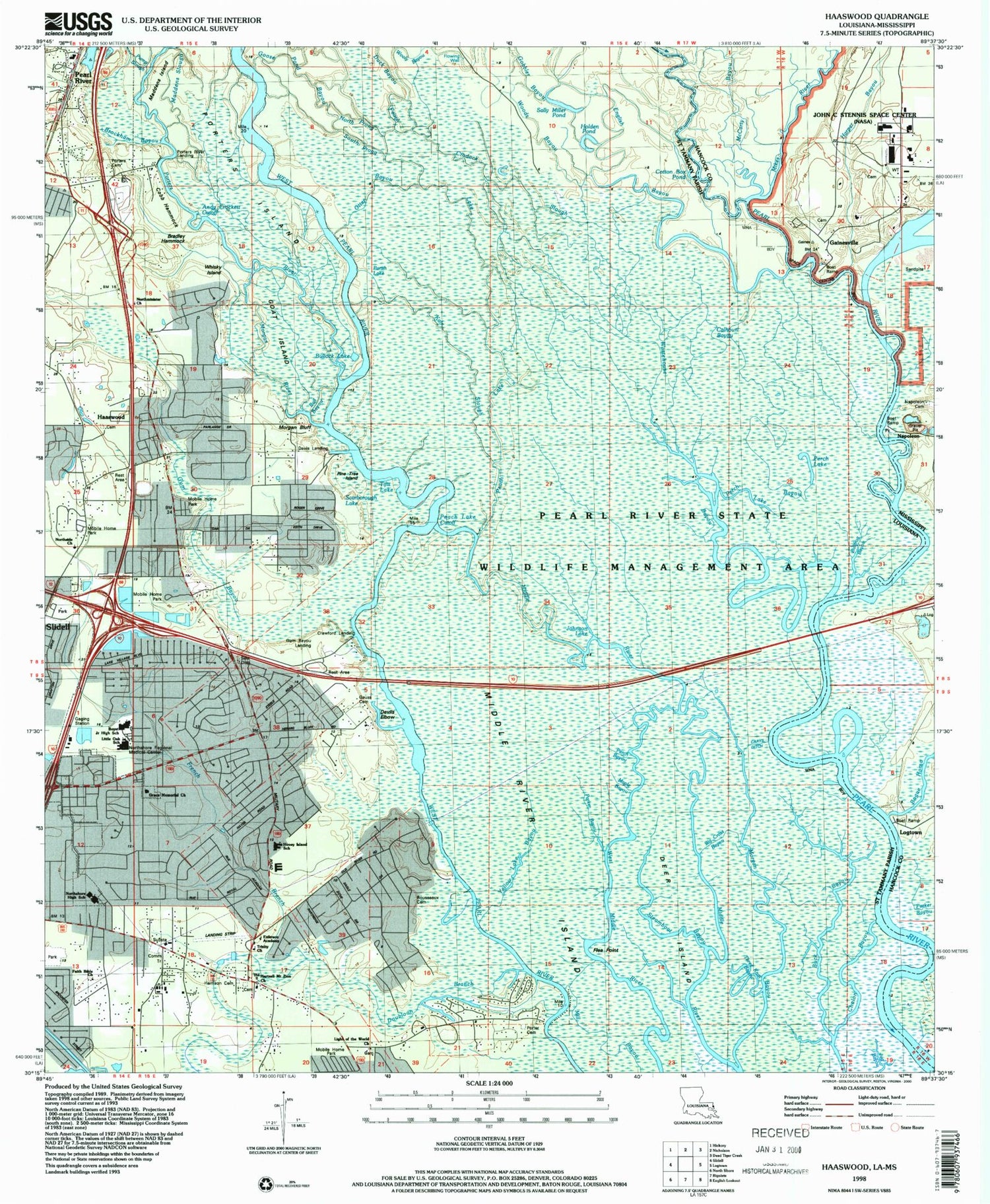 Classic USGS Haaswood Louisiana 7.5'x7.5' Topo Map Image