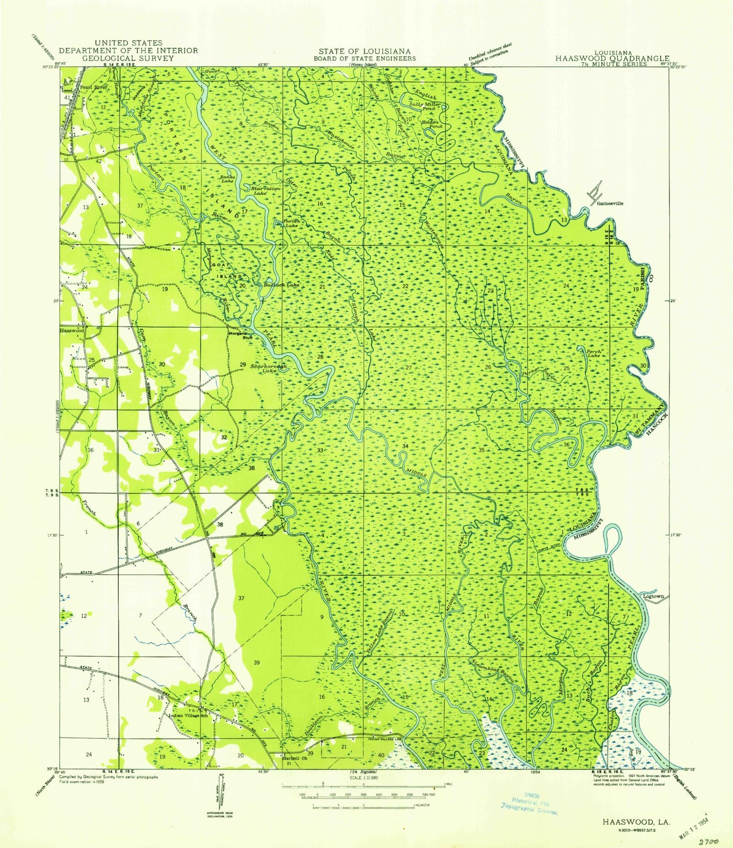 Classic USGS Haaswood Louisiana 7.5'x7.5' Topo Map Image