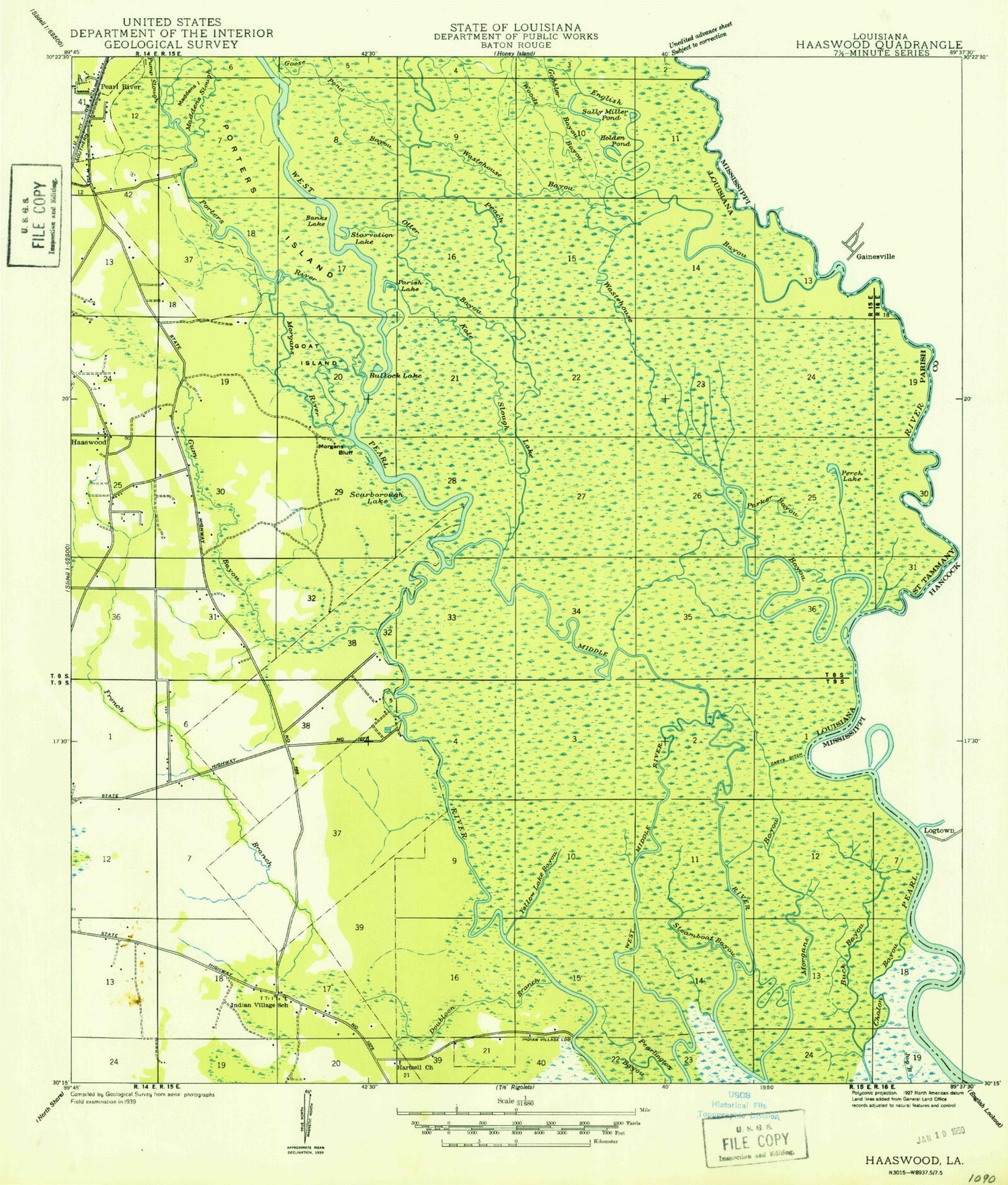 Classic USGS Haaswood Louisiana 7.5'x7.5' Topo Map Image