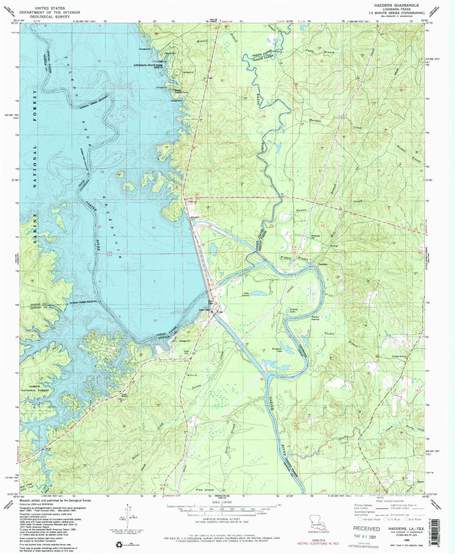 Classic USGS Haddens Louisiana 7.5'x7.5' Topo Map Image