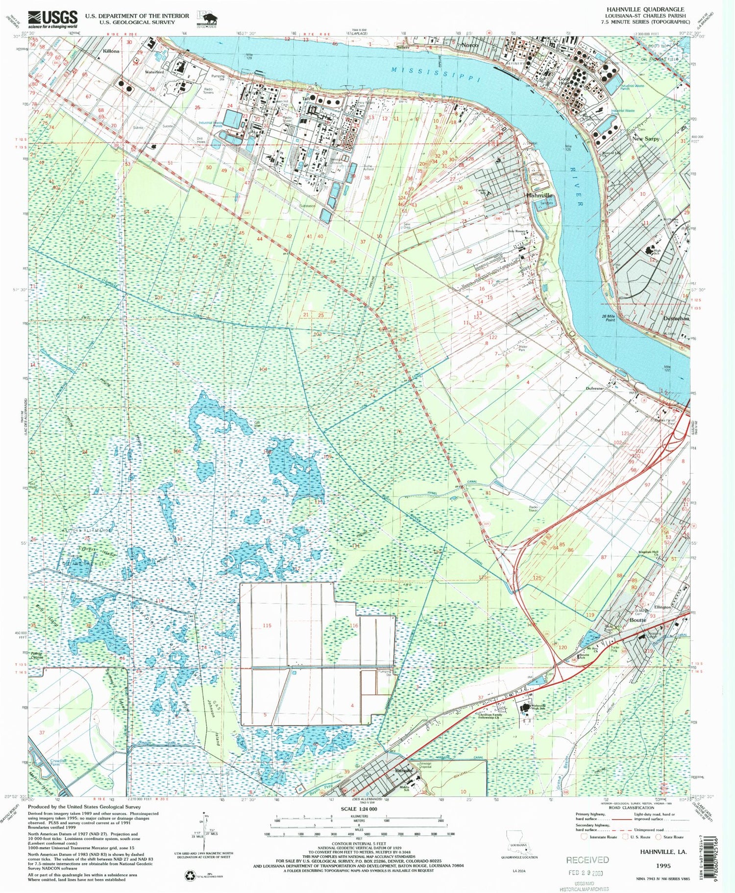 Classic USGS Hahnville Louisiana 7.5'x7.5' Topo Map Image