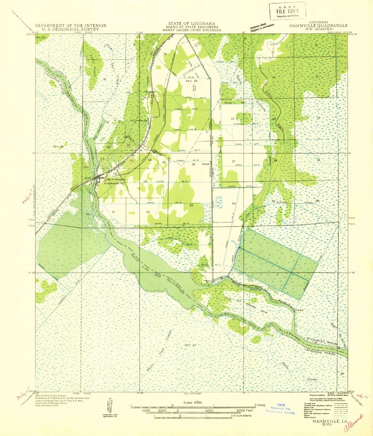 Classic USGS Des Allemands Louisiana 7.5'x7.5' Topo Map Image