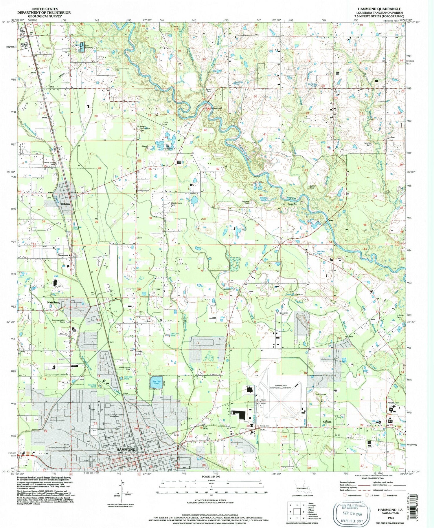 Classic USGS Hammond Louisiana 7.5'x7.5' Topo Map Image