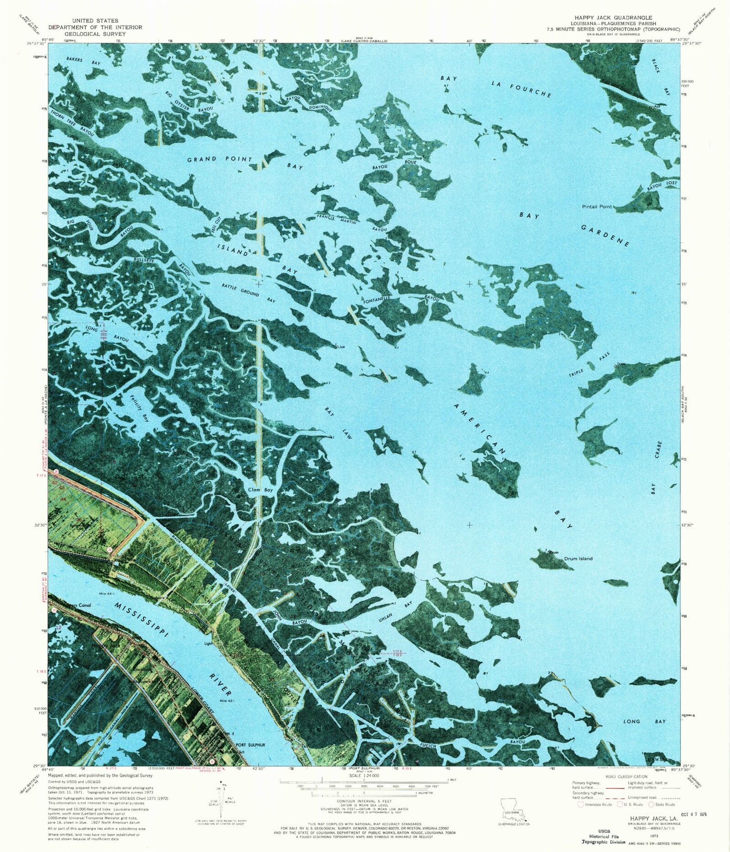 Classic USGS Happy Jack Louisiana 7.5'x7.5' Topo Map Image