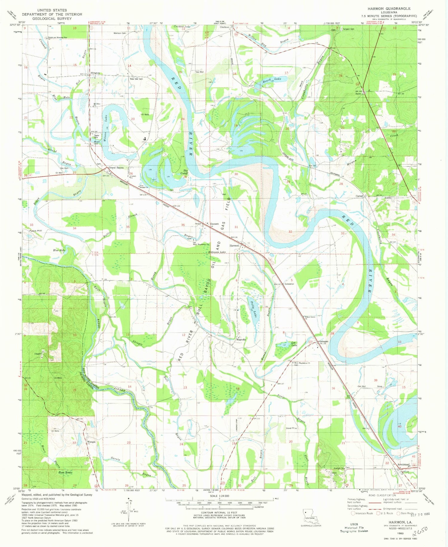 Classic USGS Harmon Louisiana 7.5'x7.5' Topo Map Image