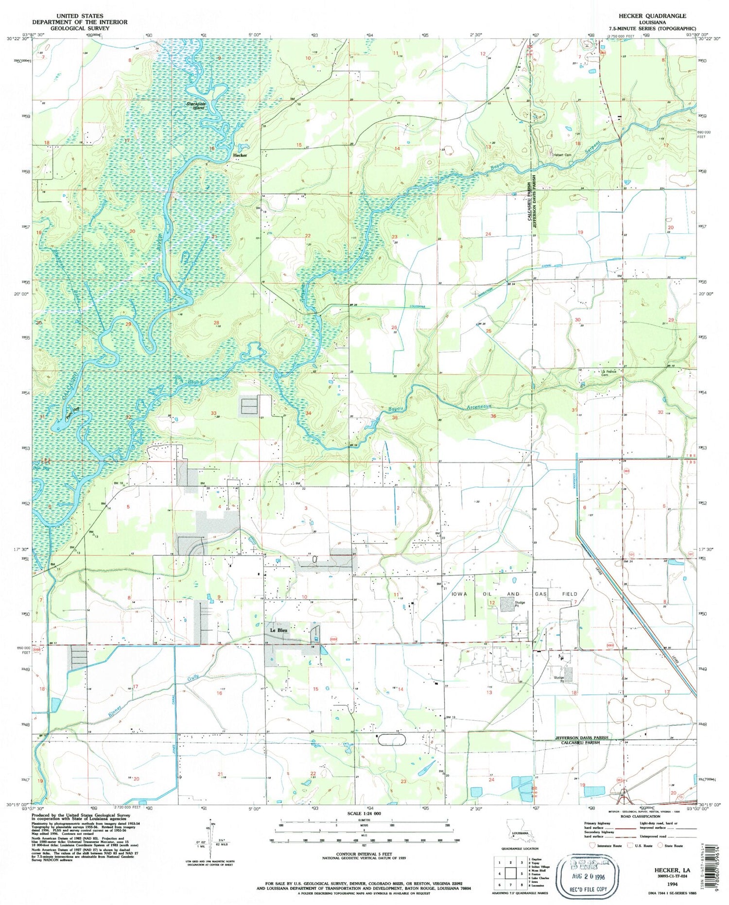 Classic USGS Hecker Louisiana 7.5'x7.5' Topo Map Image