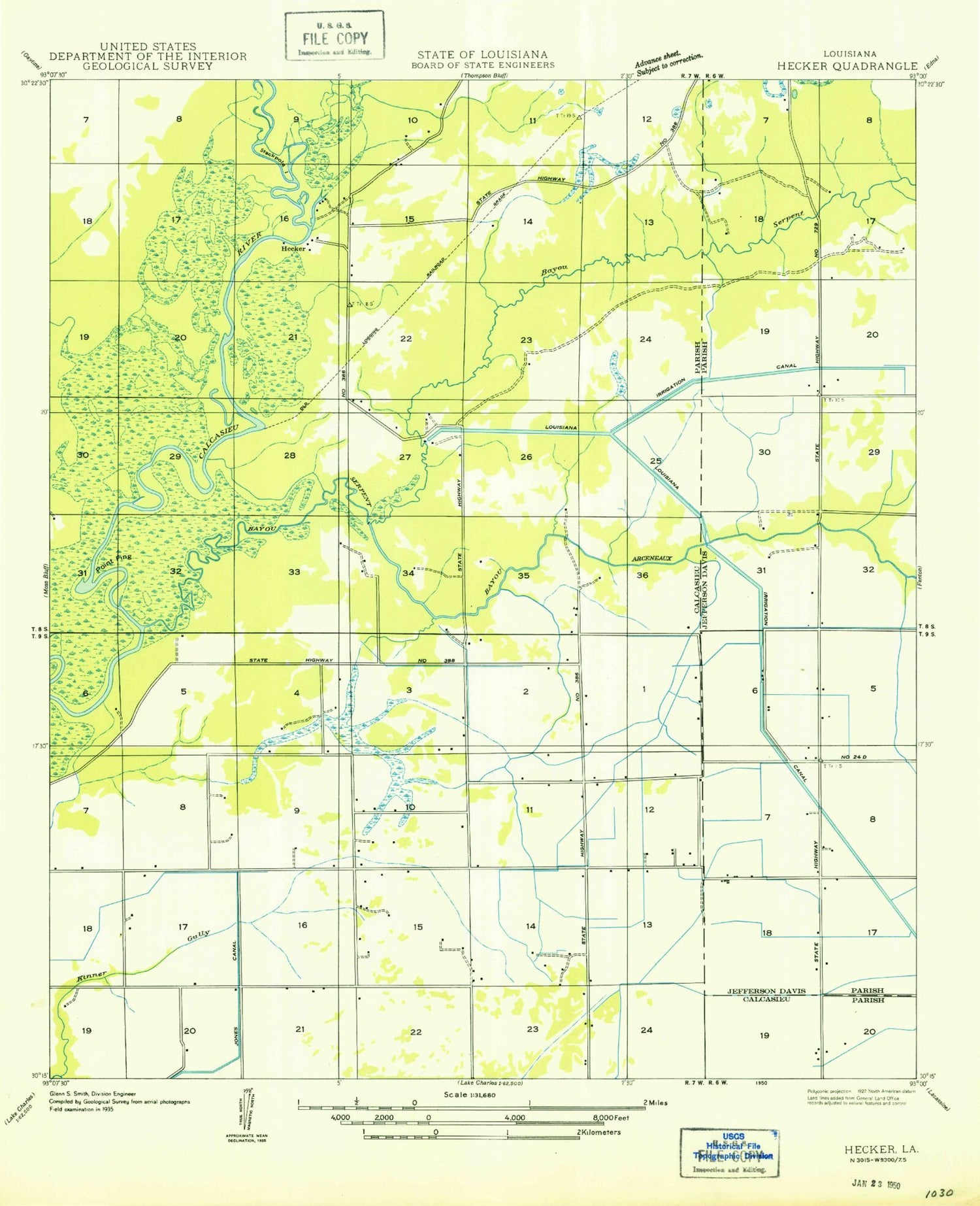 Classic USGS Hecker Louisiana 7.5'x7.5' Topo Map Image