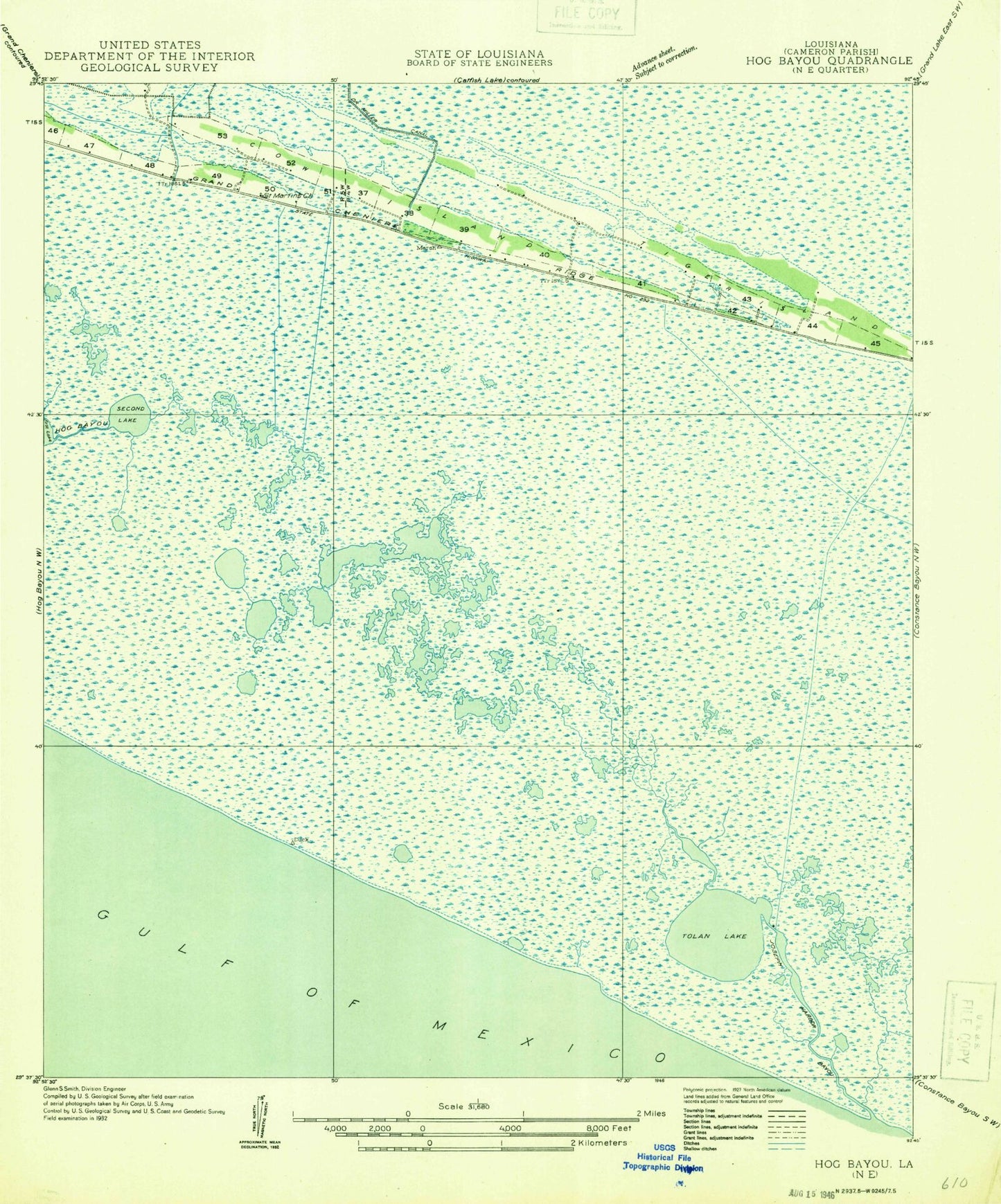Classic USGS Cow Island Louisiana 7.5'x7.5' Topo Map Image