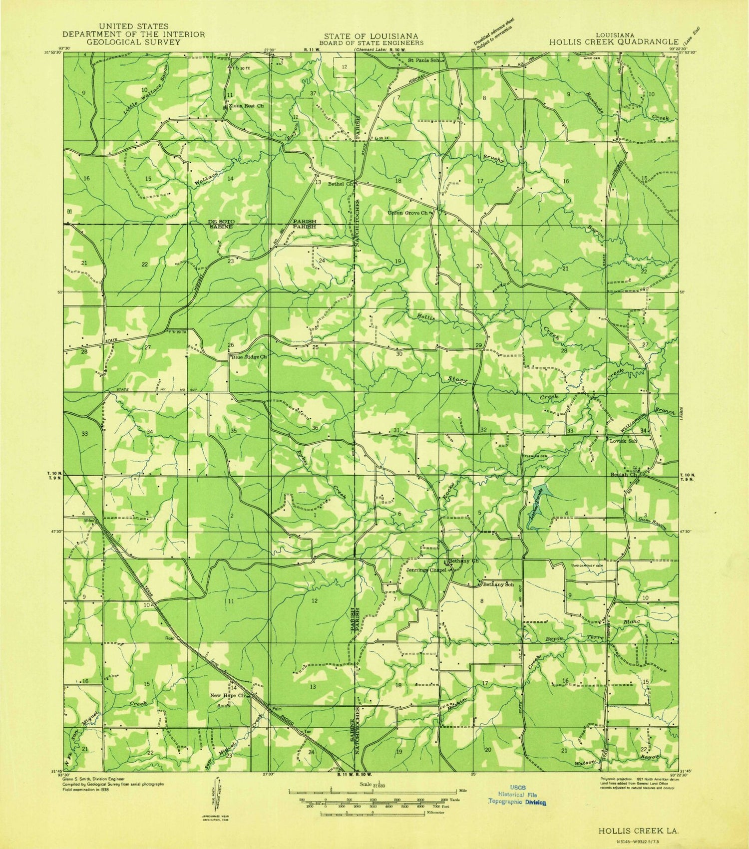 Classic USGS Hollis Creek Louisiana 7.5'x7.5' Topo Map Image