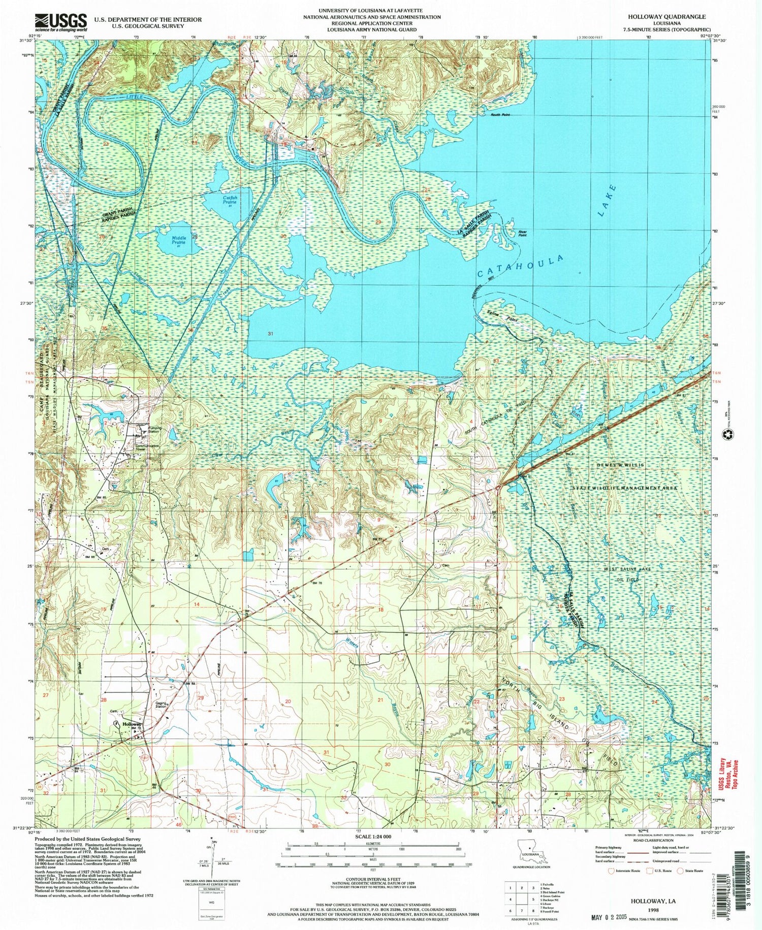 Classic USGS Holloway Louisiana 7.5'x7.5' Topo Map Image