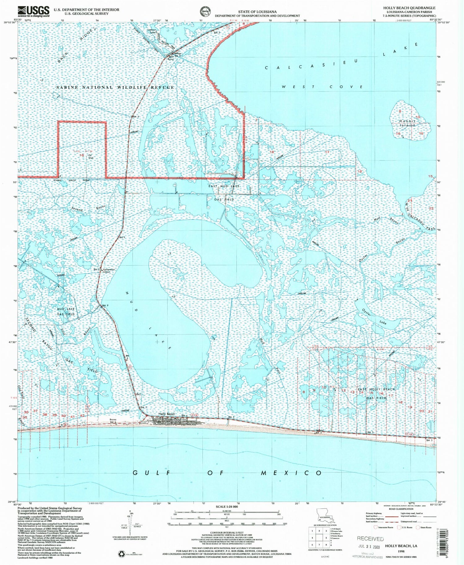 Classic USGS Holly Beach Louisiana 7.5'x7.5' Topo Map Image