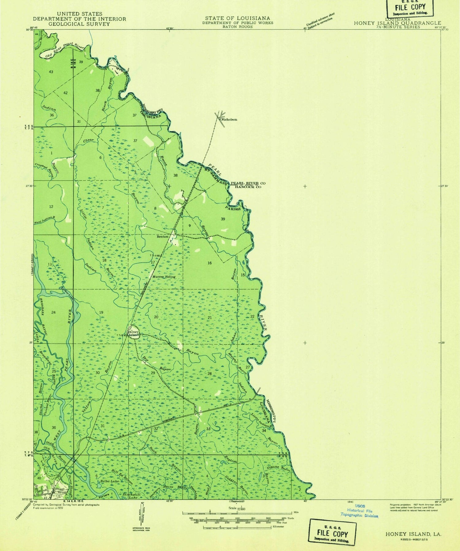 Classic USGS Nicholson Mississippi 7.5'x7.5' Topo Map Image
