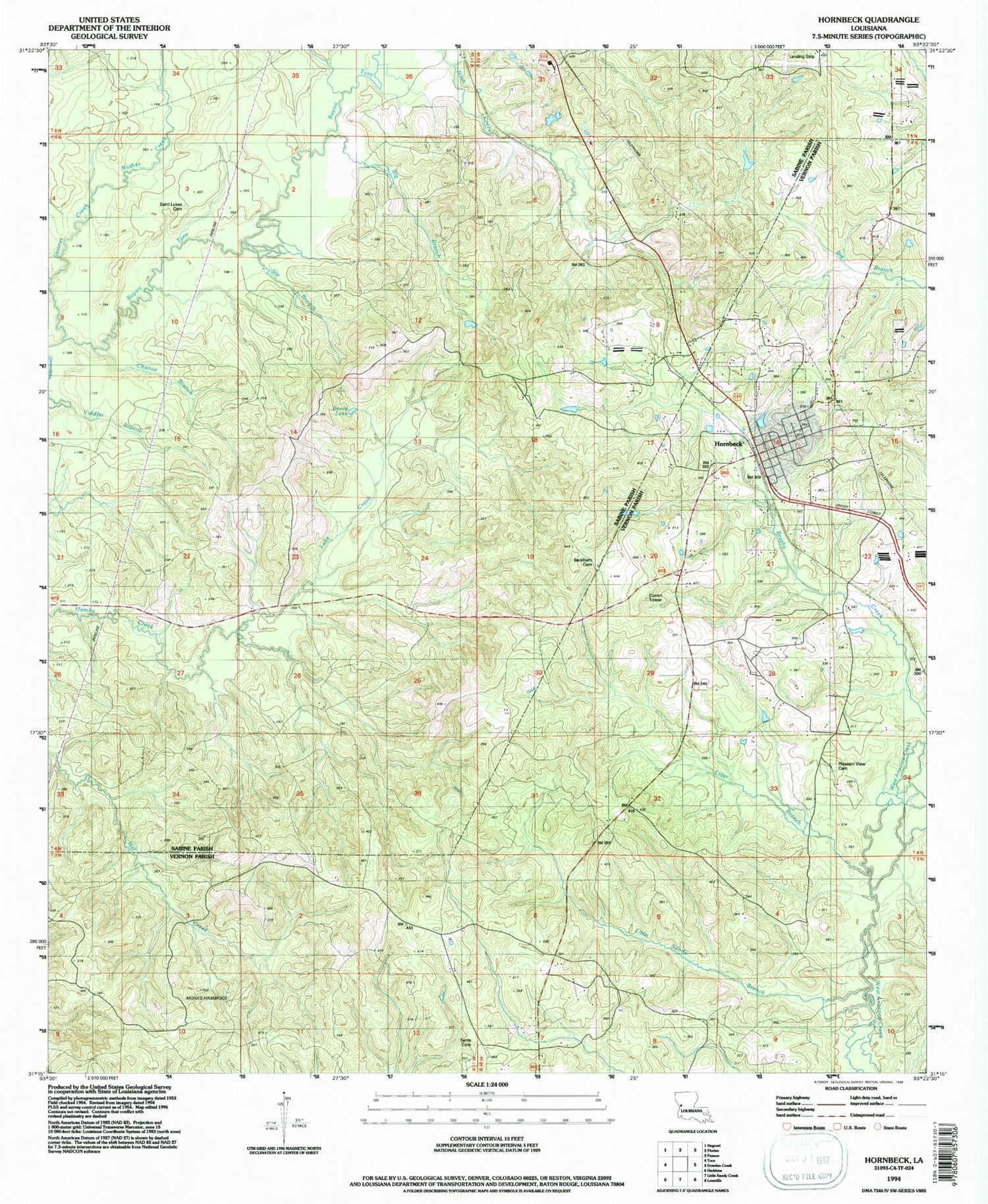 Classic USGS Hornbeck Louisiana 7.5'x7.5' Topo Map Image