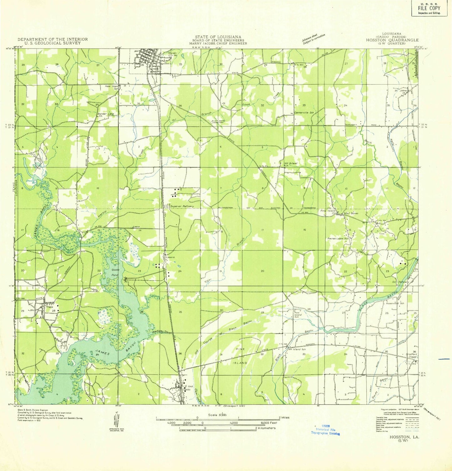 Classic USGS Vivian South Louisiana 7.5'x7.5' Topo Map Image