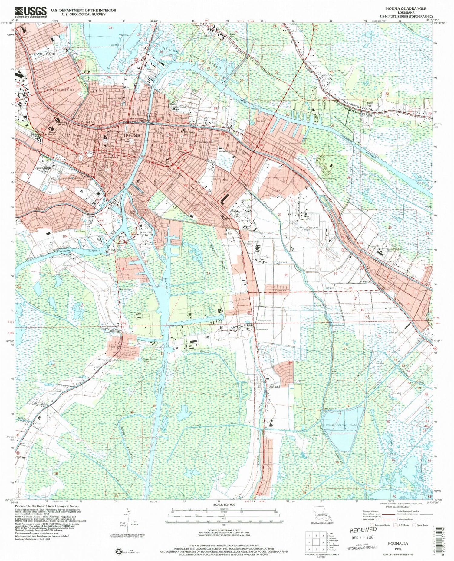 Classic USGS Houma Louisiana 7.5'x7.5' Topo Map Image