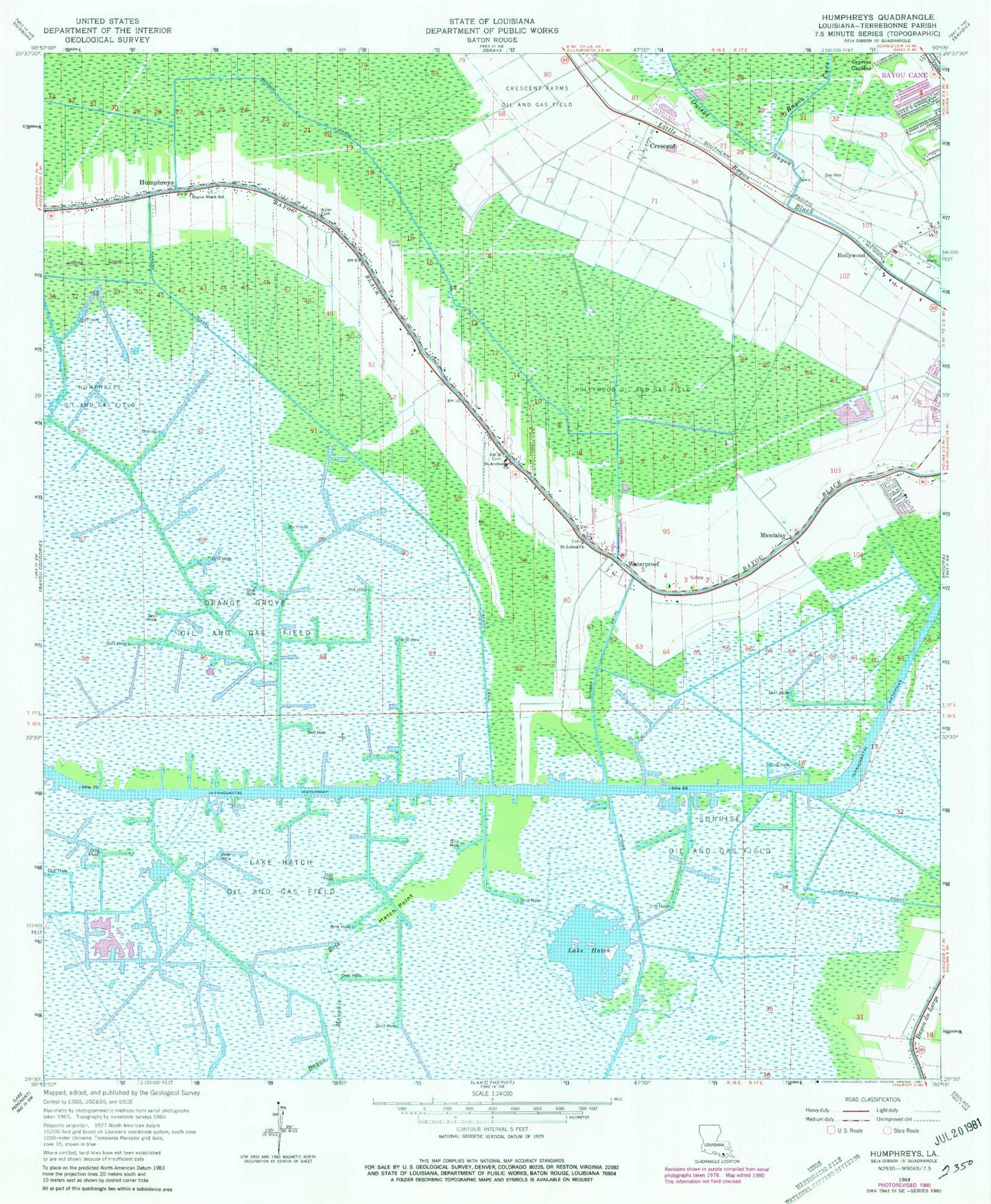 Classic USGS Humphreys Louisiana 7.5'x7.5' Topo Map Image
