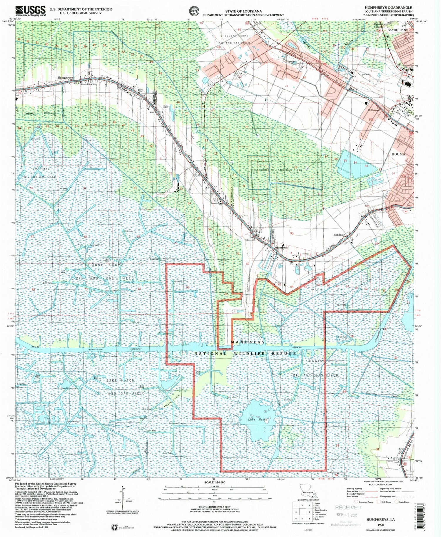 Classic USGS Humphreys Louisiana 7.5'x7.5' Topo Map Image