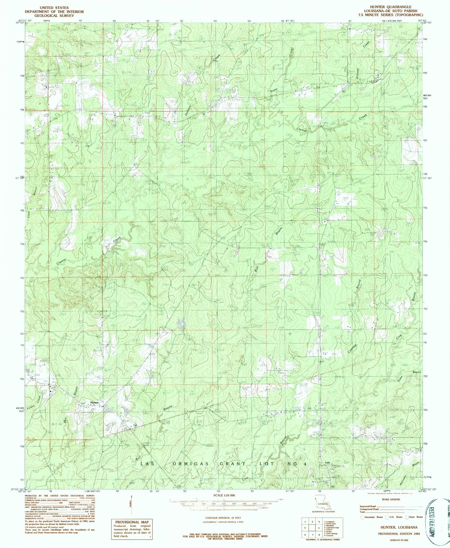 Classic USGS Hunter Louisiana 7.5'x7.5' Topo Map Image