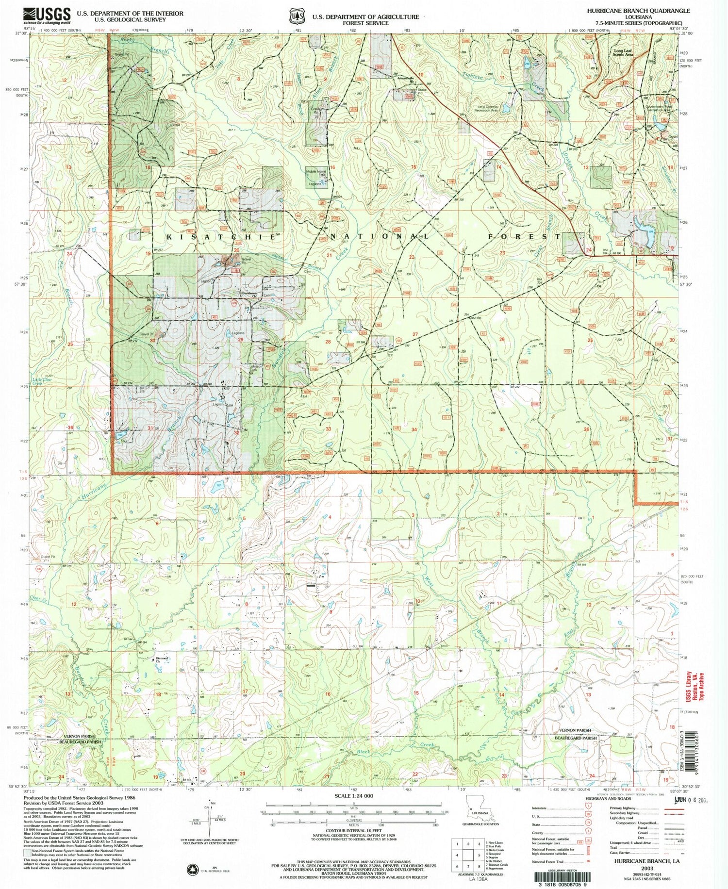 Classic USGS Hurricane Branch Louisiana 7.5'x7.5' Topo Map Image