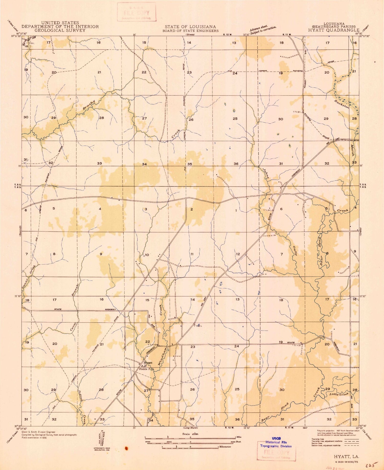 Classic USGS Fields Louisiana 7.5'x7.5' Topo Map Image