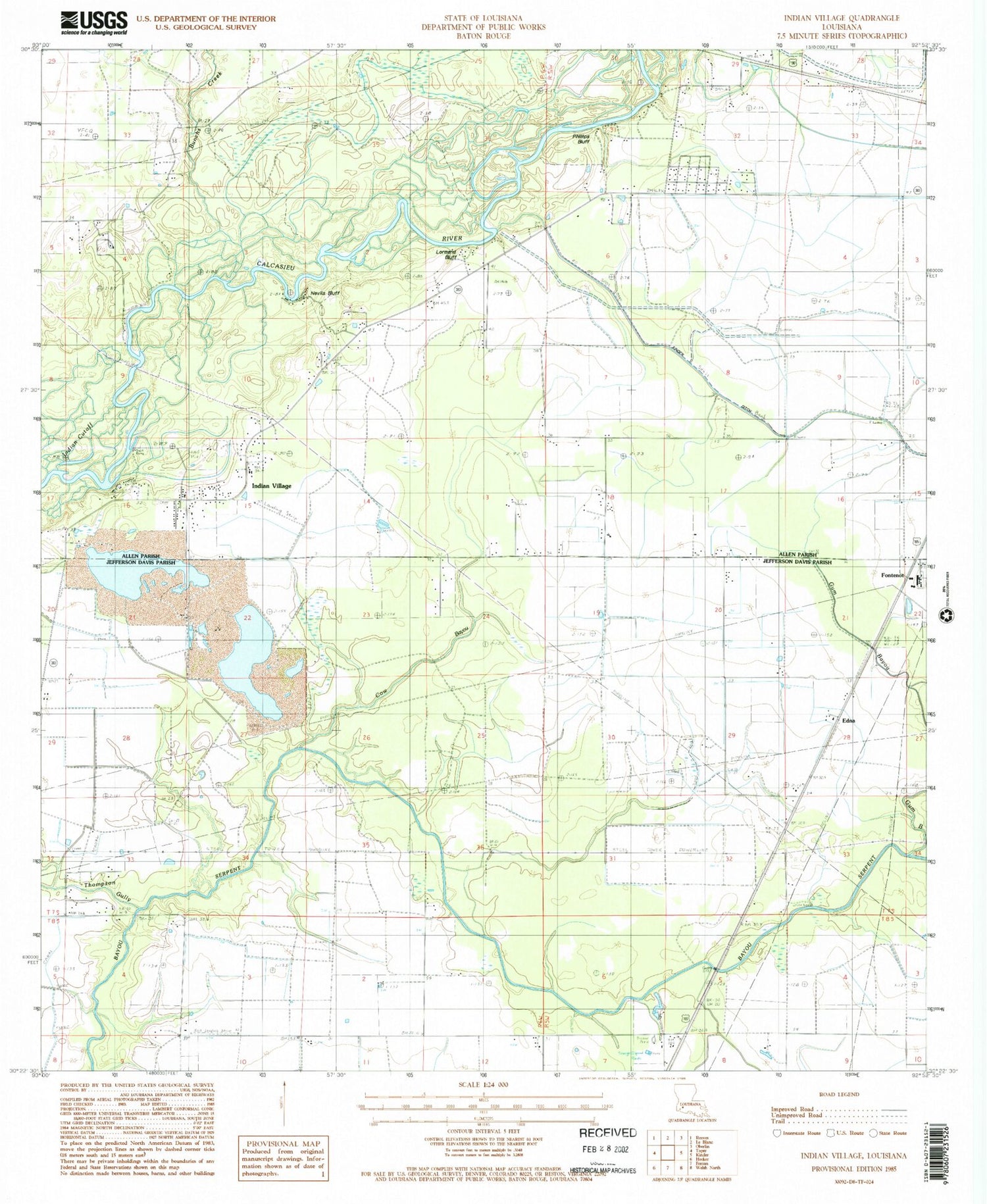 Classic USGS Indian Village Louisiana 7.5'x7.5' Topo Map Image