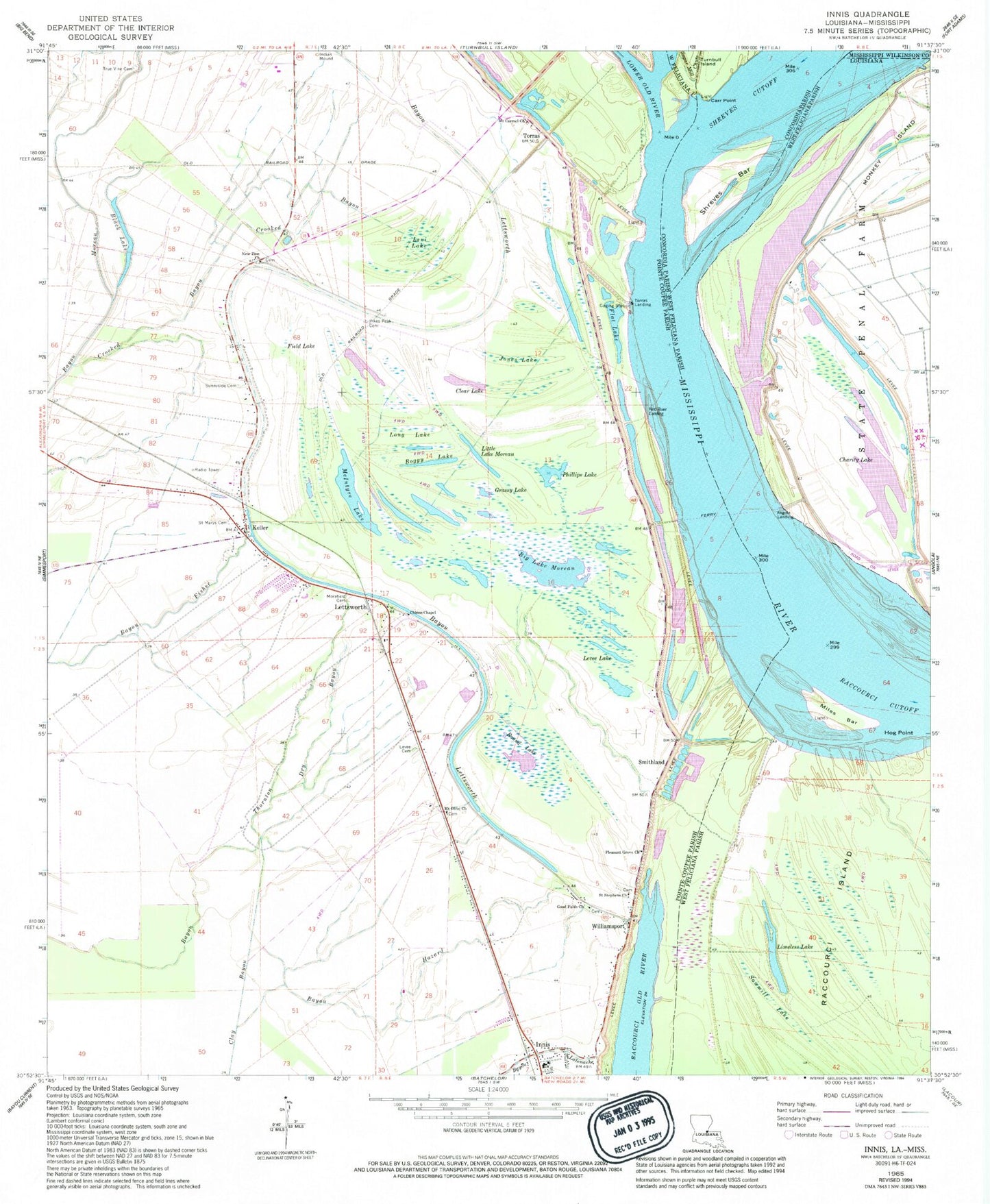 Classic USGS Innis Louisiana 7.5'x7.5' Topo Map Image
