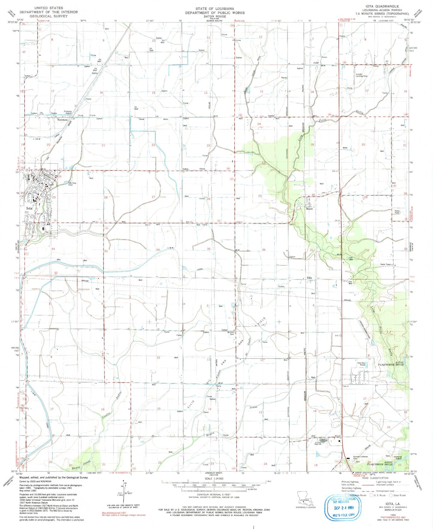 Classic USGS Iota Louisiana 7.5'x7.5' Topo Map Image