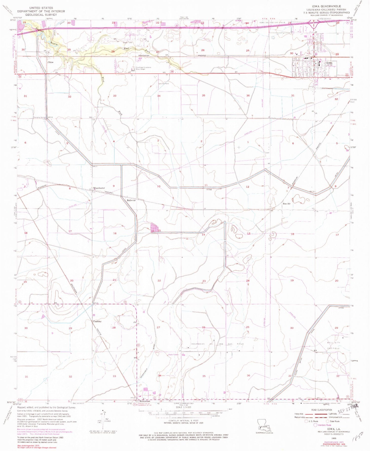 Classic USGS Iowa Louisiana 7.5'x7.5' Topo Map Image