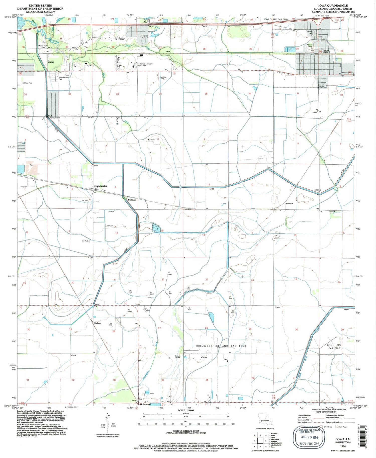 Classic USGS Iowa Louisiana 7.5'x7.5' Topo Map Image