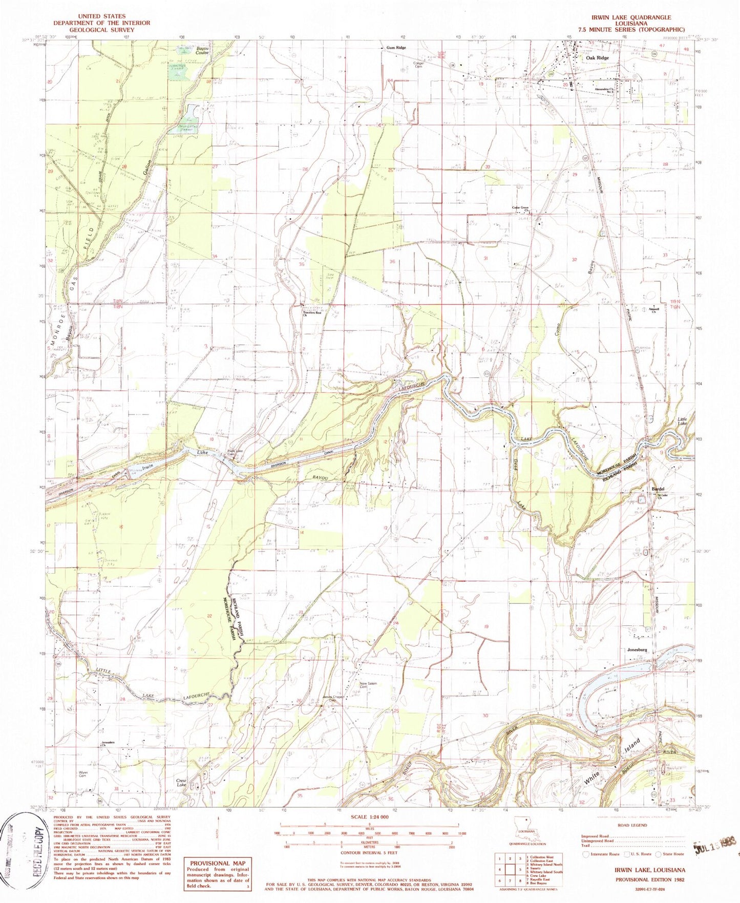 Classic USGS Irwin Lake Louisiana 7.5'x7.5' Topo Map Image