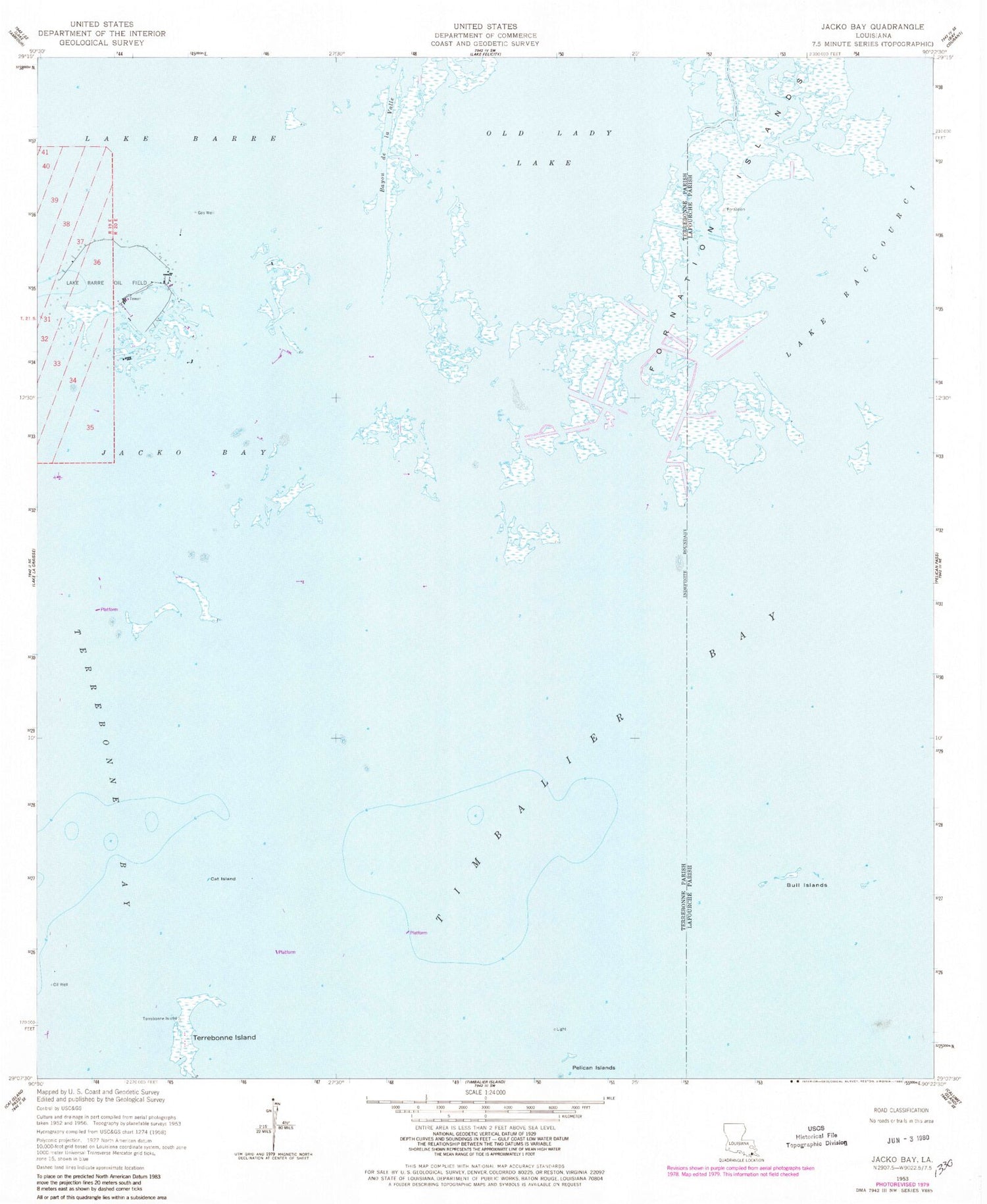 Classic USGS Jacko Bay Louisiana 7.5'x7.5' Topo Map Image
