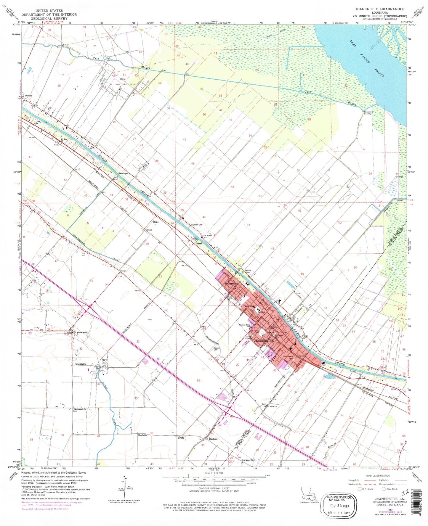 Classic USGS Jeanerette Louisiana 7.5'x7.5' Topo Map Image