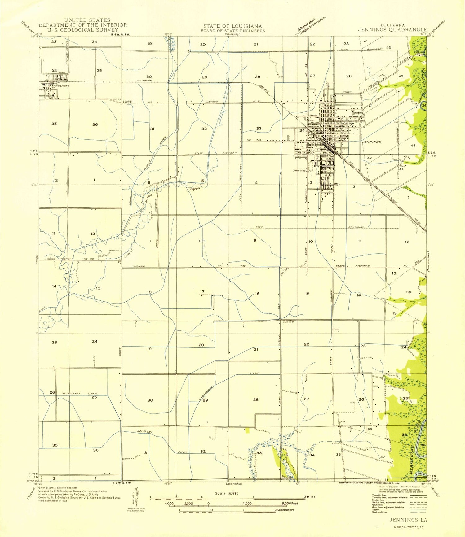 Classic USGS Jennings Louisiana 7.5'x7.5' Topo Map Image