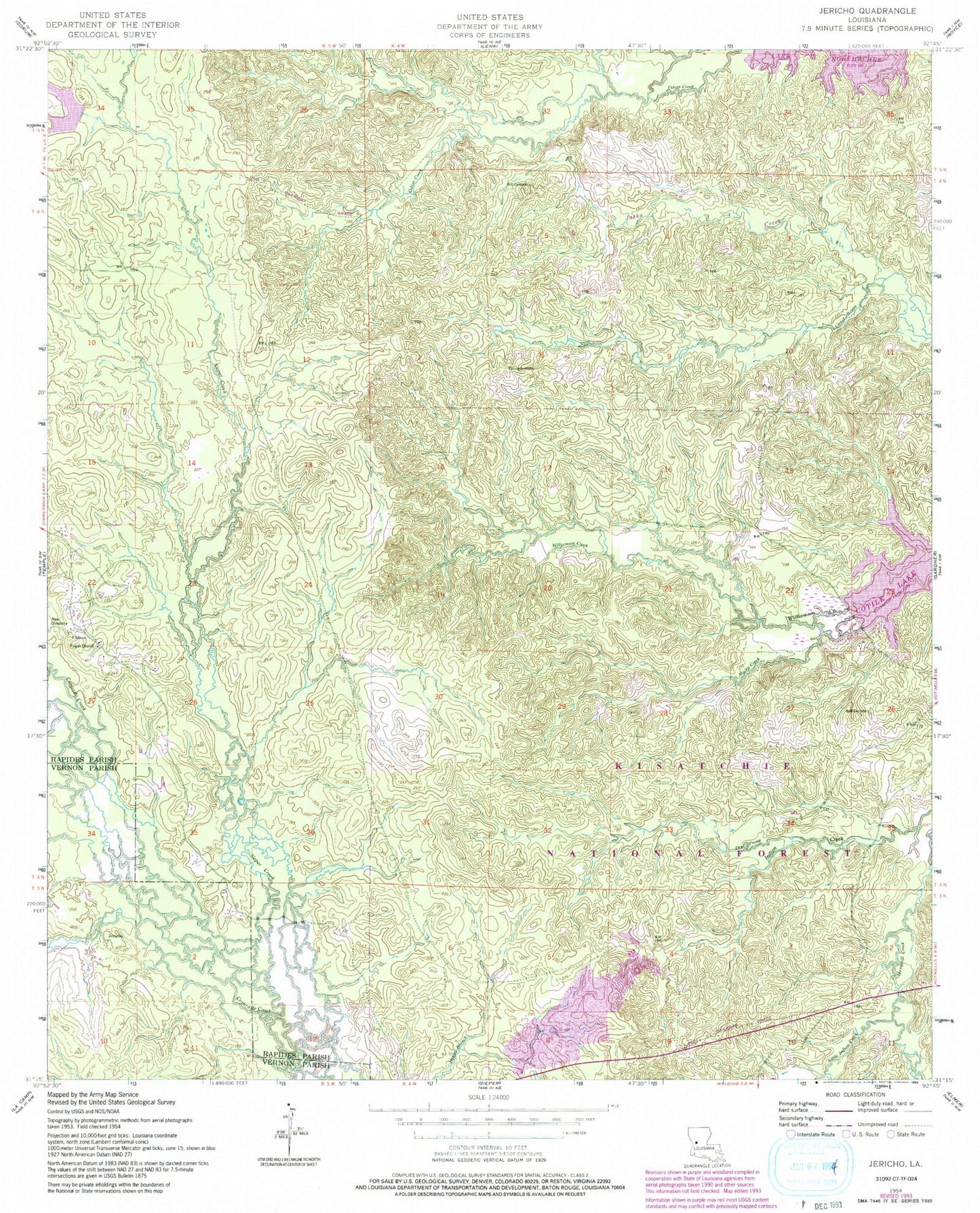 Classic USGS Jericho Louisiana 7.5'x7.5' Topo Map Image