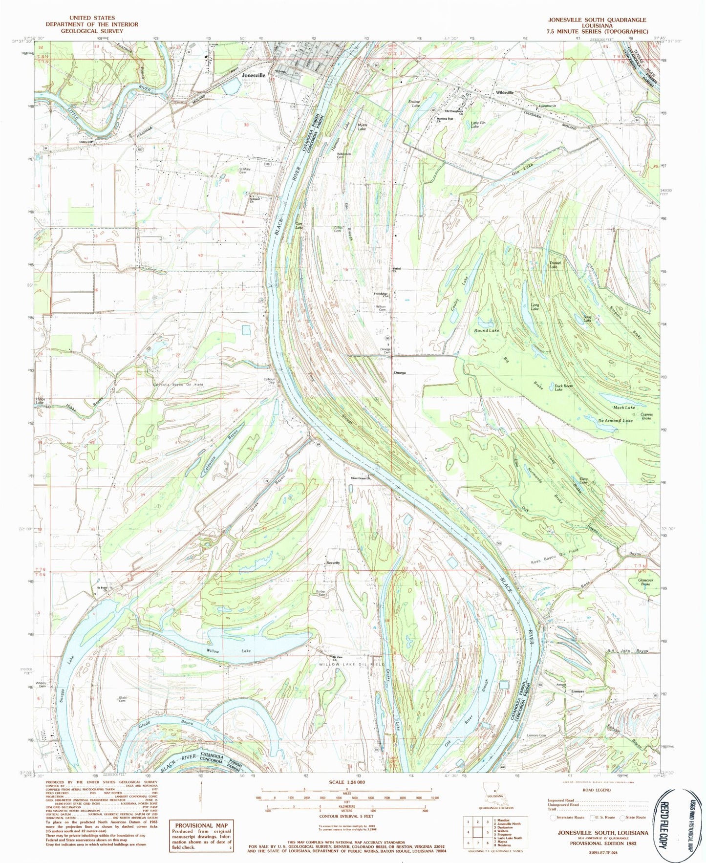 Classic USGS Jonesville South Louisiana 7.5'x7.5' Topo Map Image