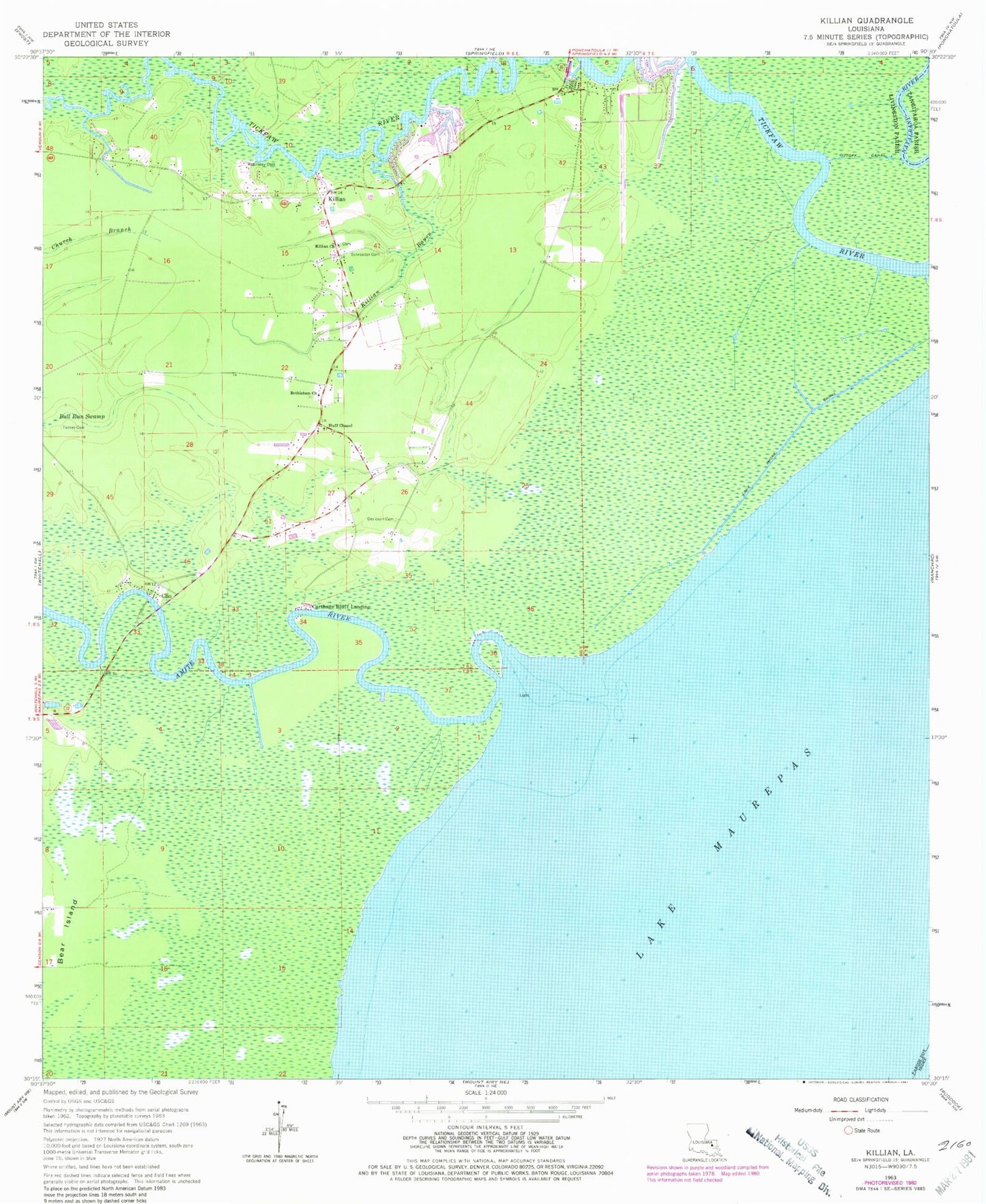 Classic USGS Killian Louisiana 7.5'x7.5' Topo Map Image