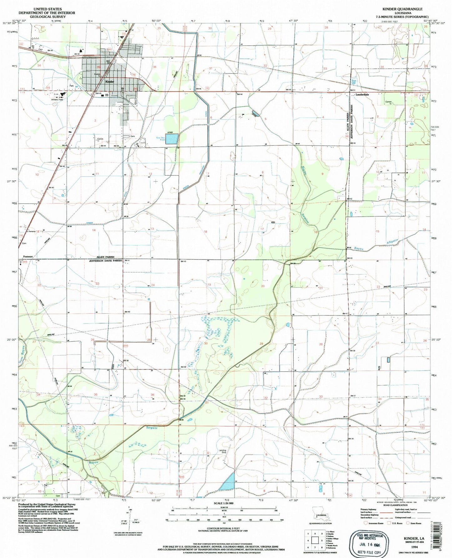 Classic USGS Kinder Louisiana 7.5'x7.5' Topo Map Image