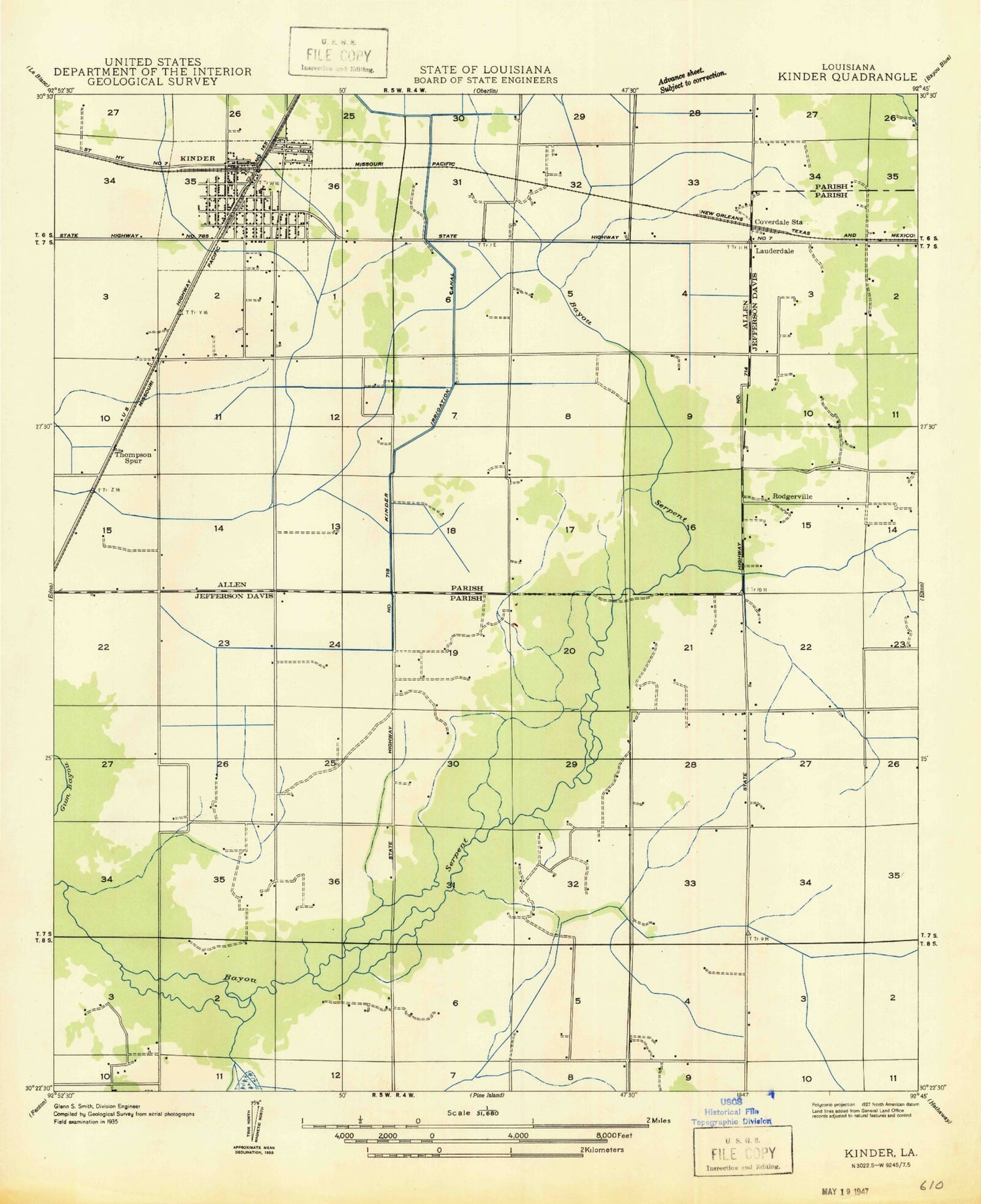 Classic USGS Kinder Louisiana 7.5'x7.5' Topo Map Image