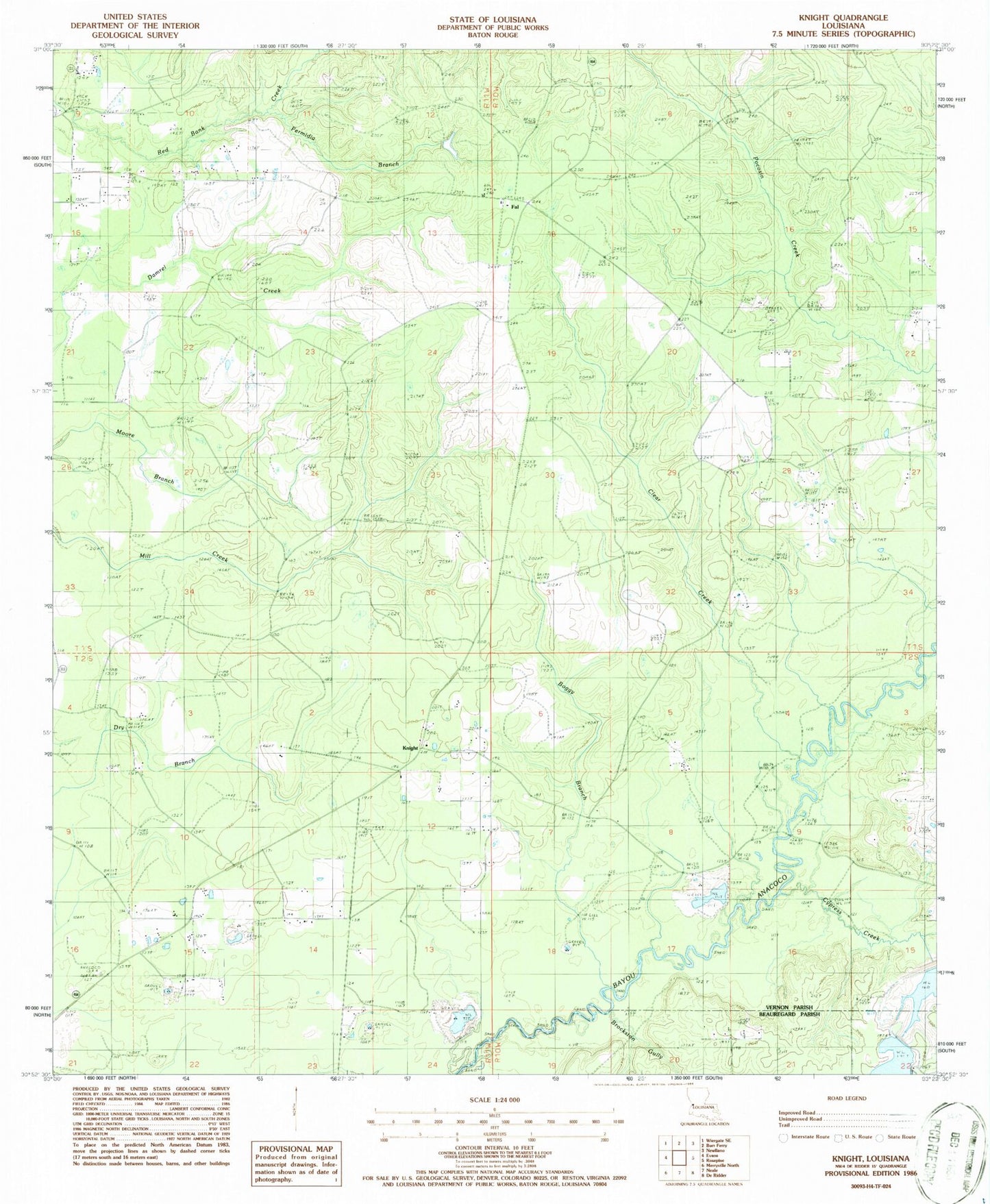 Classic USGS Knight Louisiana 7.5'x7.5' Topo Map Image