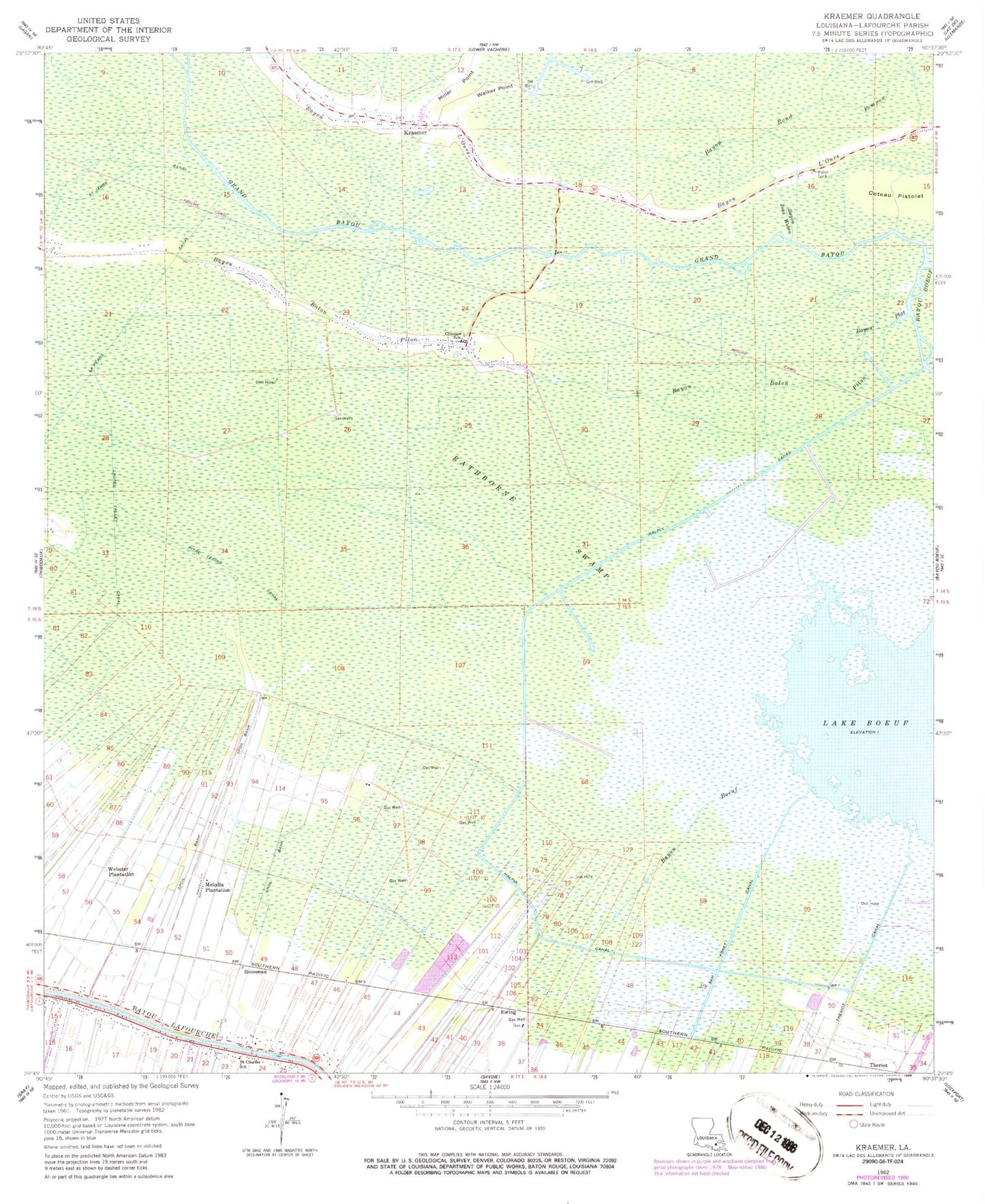 Classic USGS Kraemer Louisiana 7.5'x7.5' Topo Map Image