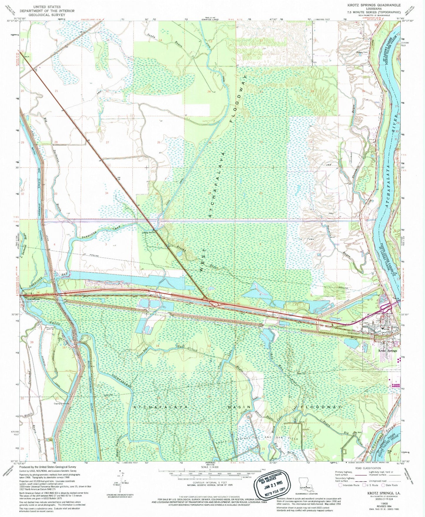 Classic USGS Krotz Springs Louisiana 7.5'x7.5' Topo Map Image
