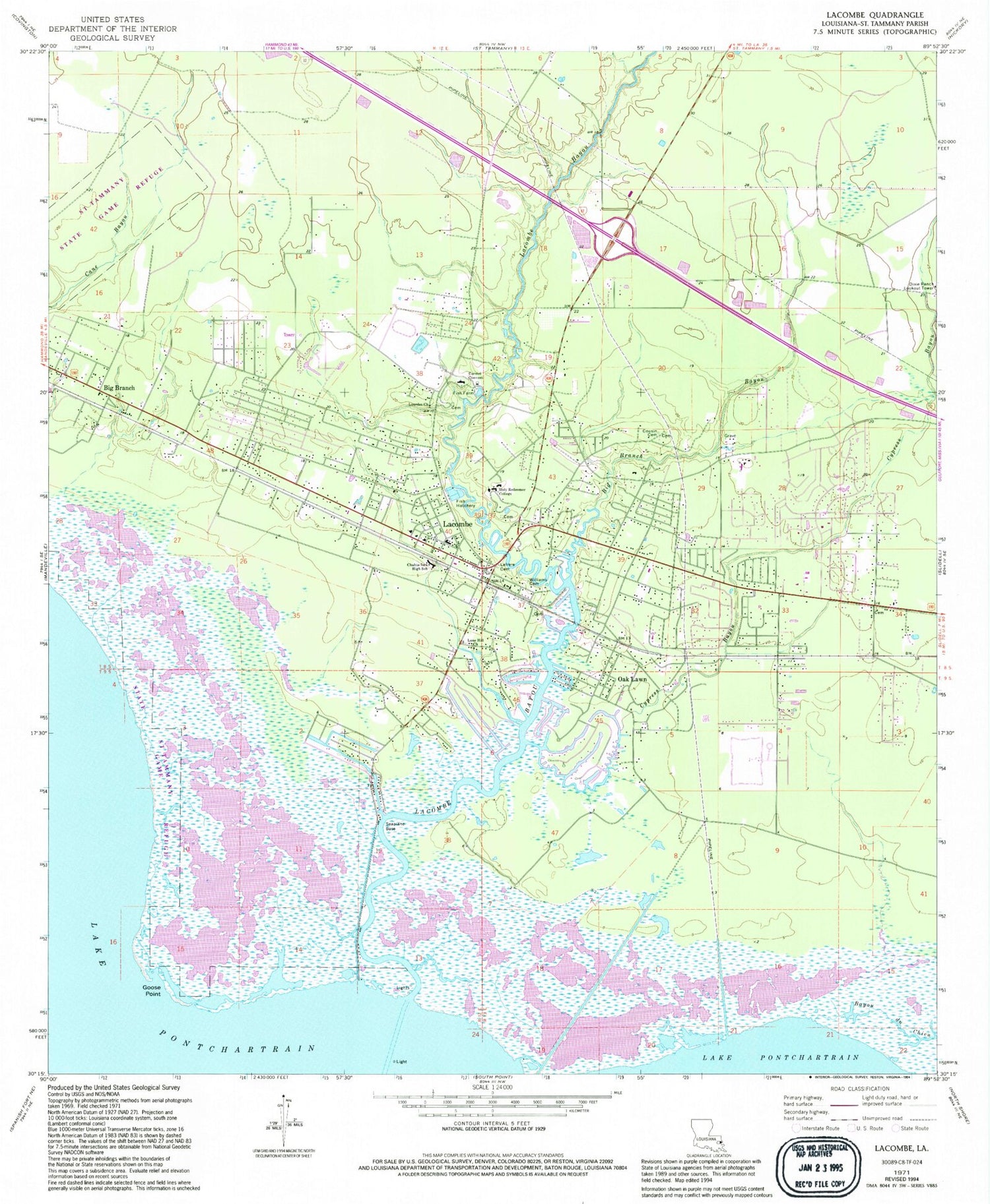 Classic USGS Lacombe Louisiana 7.5'x7.5' Topo Map Image