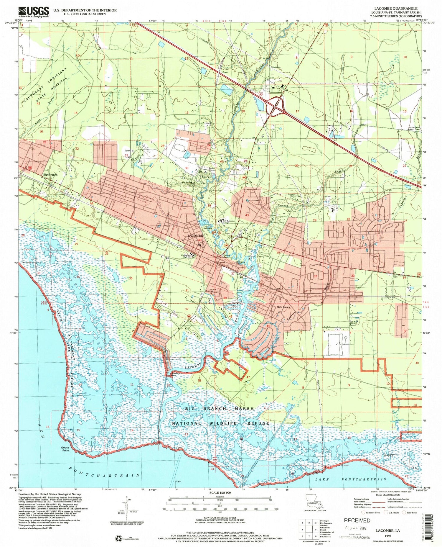 Classic USGS Lacombe Louisiana 7.5'x7.5' Topo Map Image