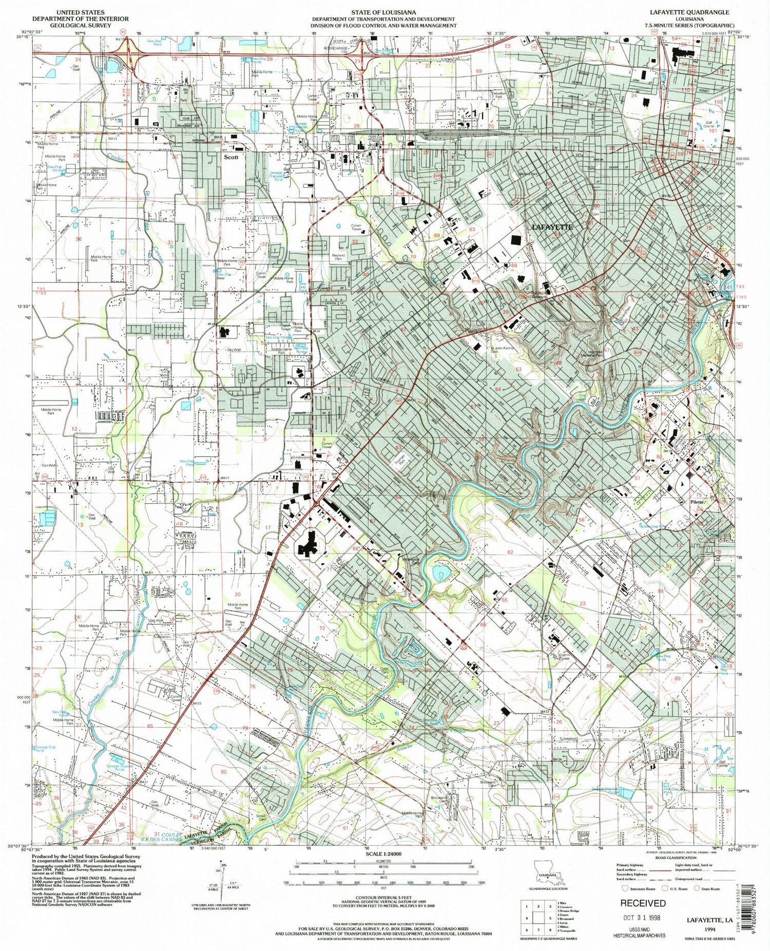 Classic USGS Lafayette Louisiana 7.5'x7.5' Topo Map Image