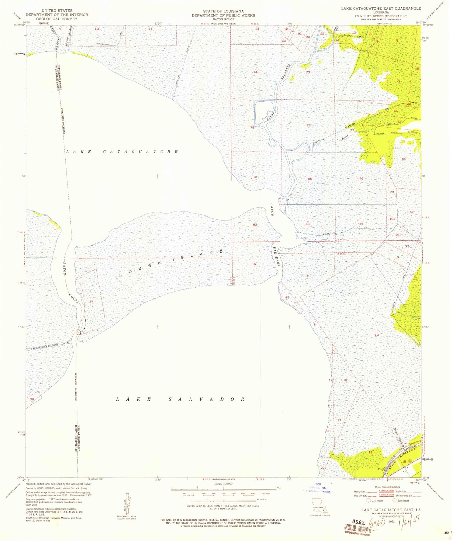Classic USGS Lake Cataouatche East Louisiana 7.5'x7.5' Topo Map Image
