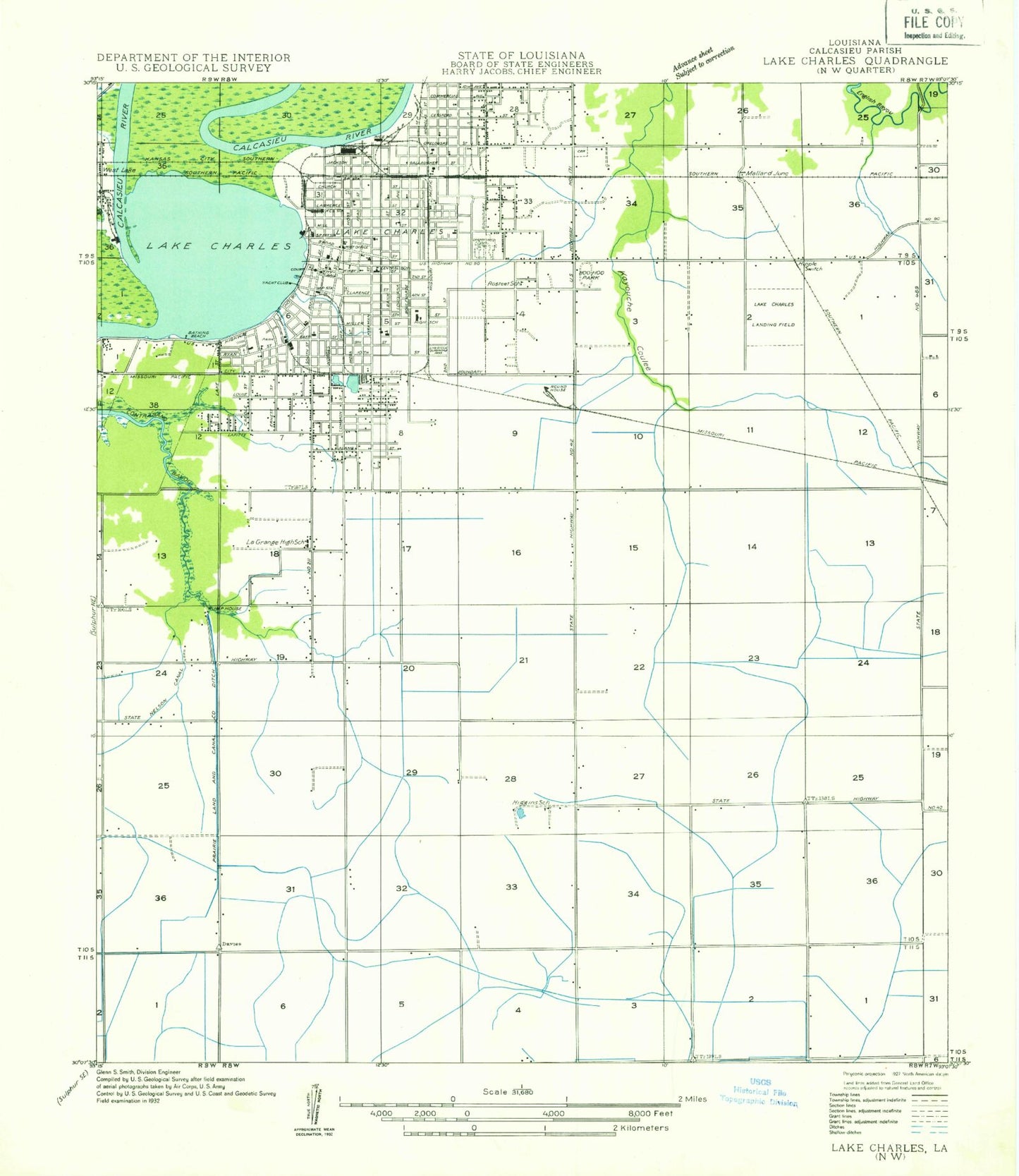 Classic USGS Lake Charles Louisiana 7.5'x7.5' Topo Map Image